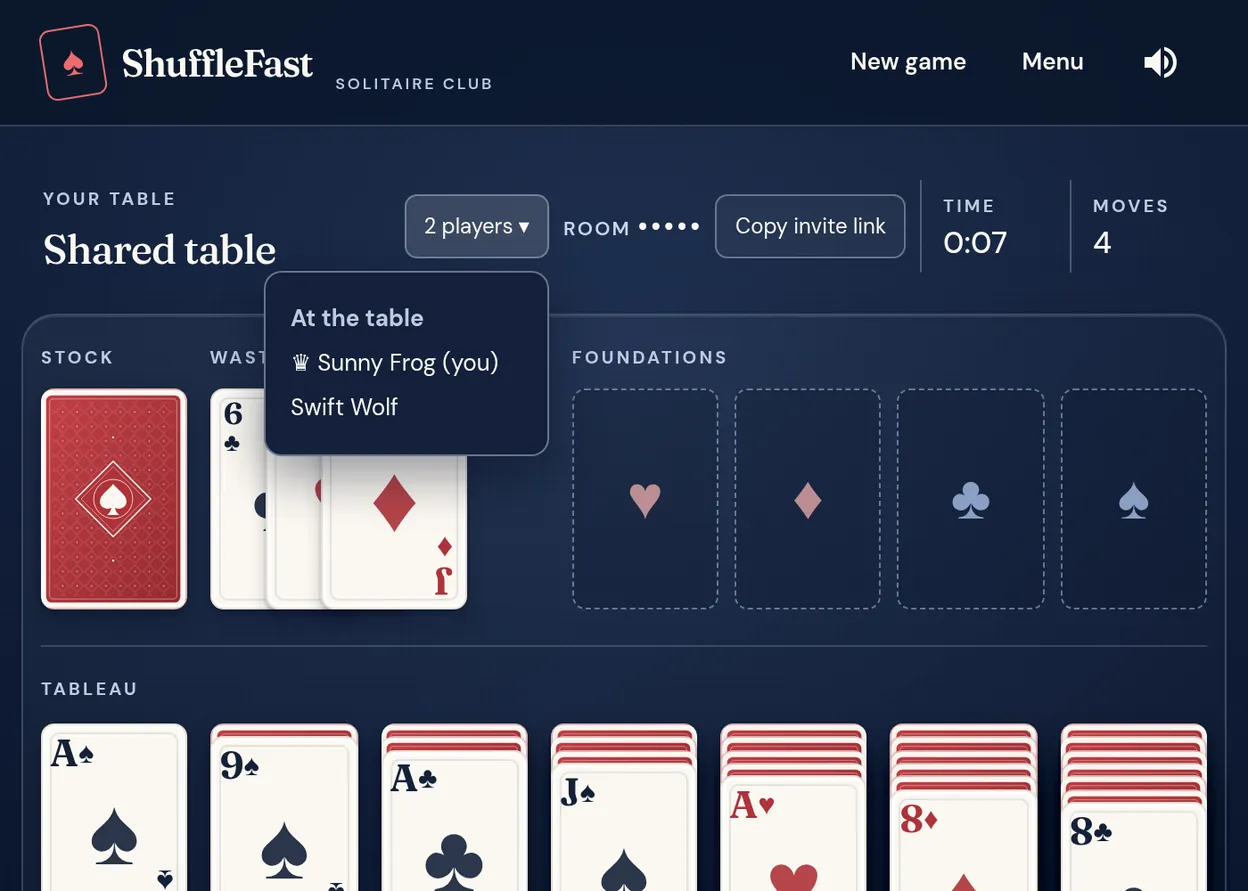 A ShuffleFast co-op table with the room code hidden, a Copy invite link button, and a players list showing two people at the table.