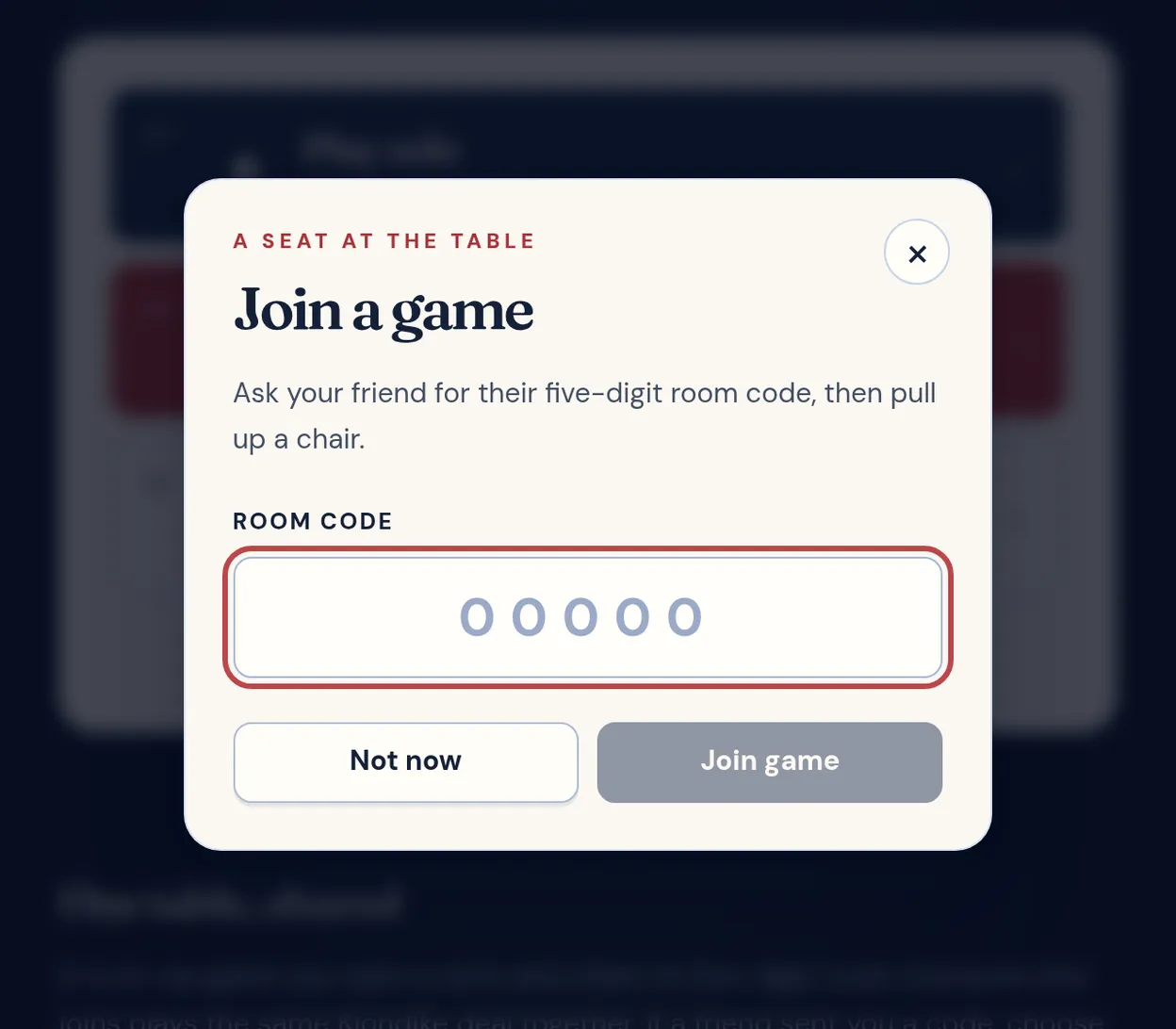 The Join a game dialog with an empty five-digit room code field and Not now and Join game buttons.