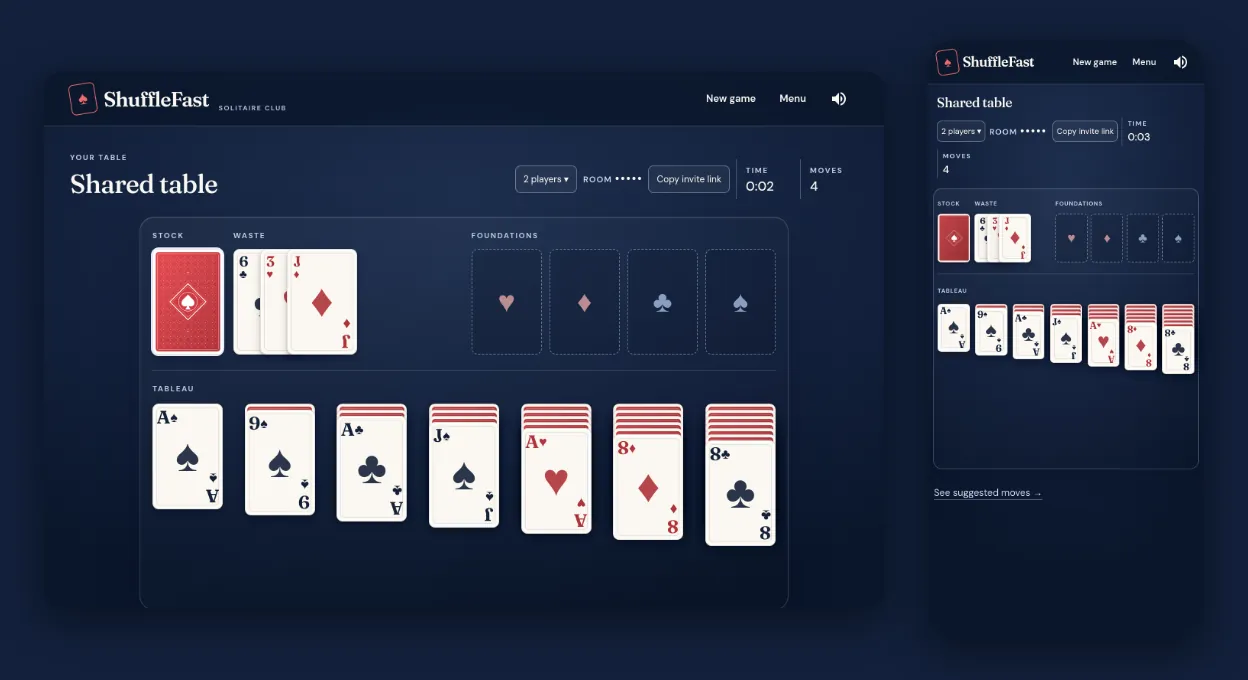 The same co-op table open in a desktop browser window and on a phone, both showing the same cards and two players.